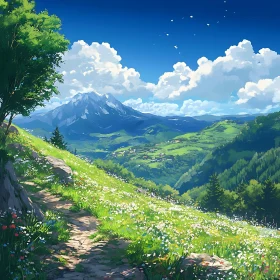 Scenic Mountain View with Flower Meadow