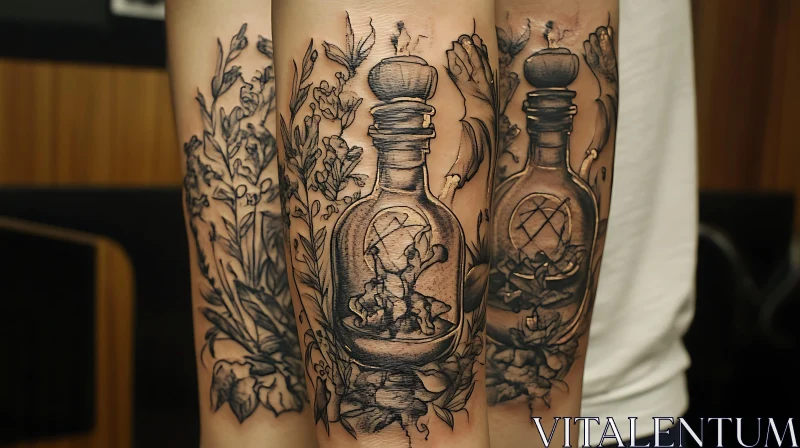 Ornate Potion Bottle and Foliage Tattoo Design AI Image