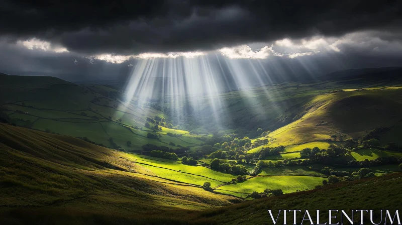 AI ART Sunlit Green Valley Under Dark Clouds