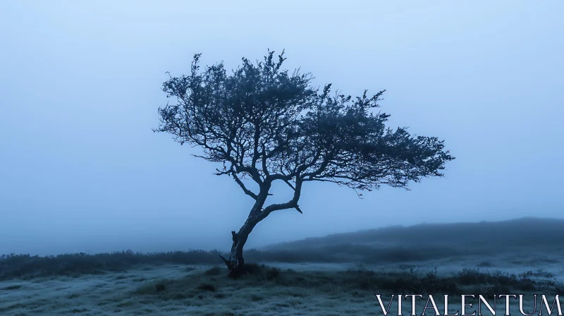 Solitary Tree in Foggy Blue Field AI Image