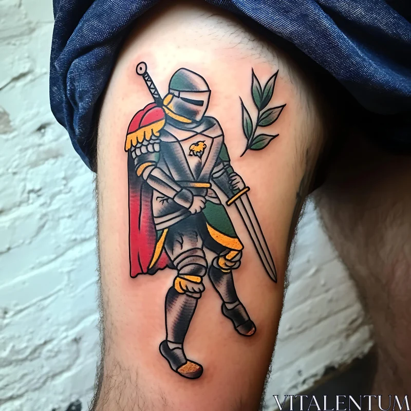 Intricate Knight Tattoo on Thigh AI Image