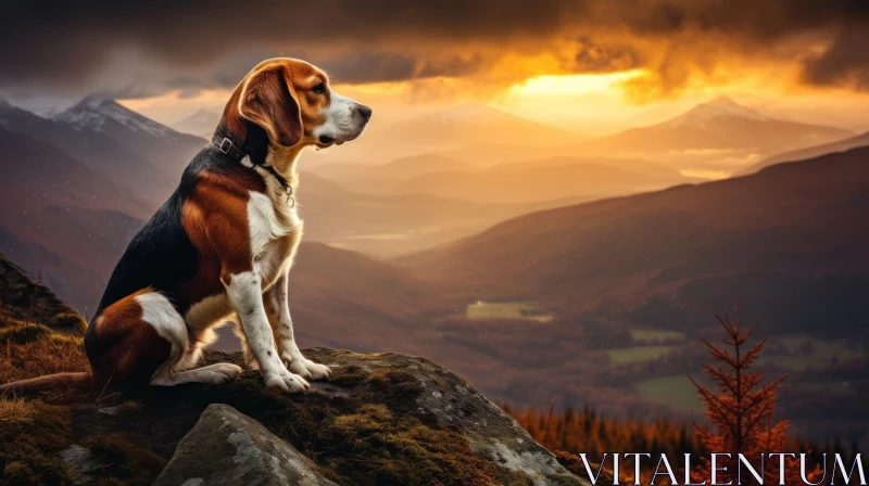 Beagle Dog on Cliff with Mountain View at Sunset AI Image
