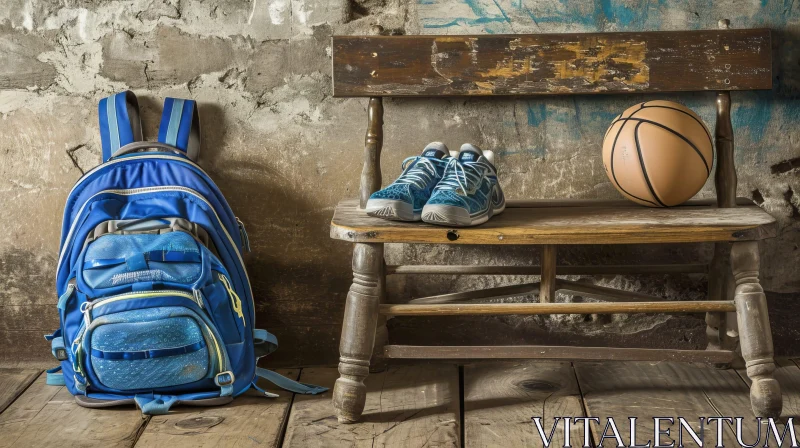 Blue Backpack, Sneakers, and Basketball on Wooden Bench | Artistic Composition AI Image