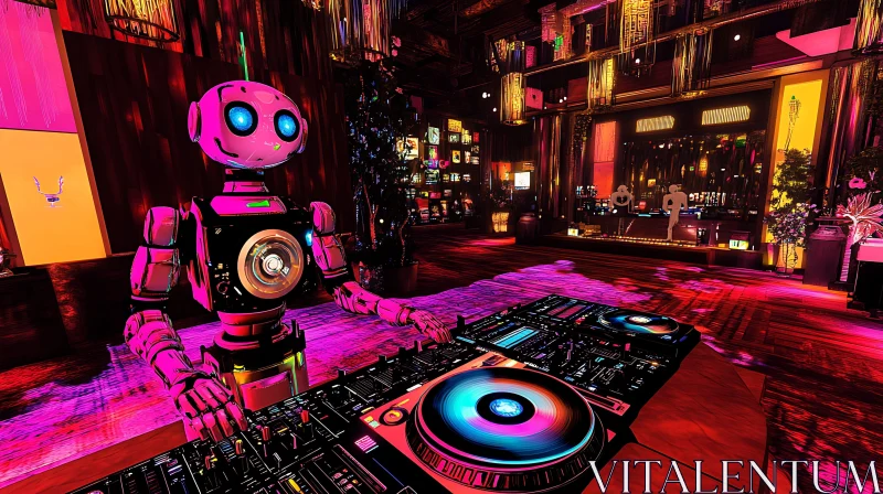 AI ART Pink Robot DJ in Neon Club