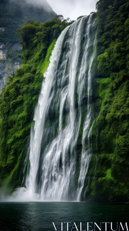 Captivating Waterfall in Green Mountains | Detailed Foliage AI Image