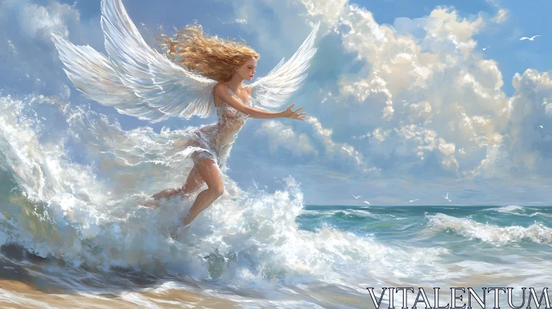 AI ART Angel Emerges From the Ocean Waves