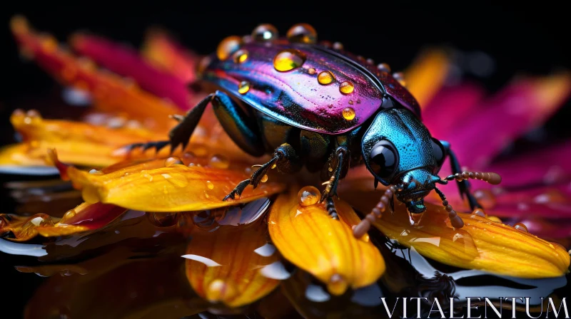 Colorful Beetle on Flower in Liquid Metal Style AI Image