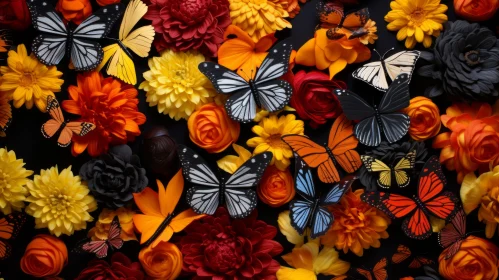 Colorful Butterflies and Flowers in Still-Life Composition