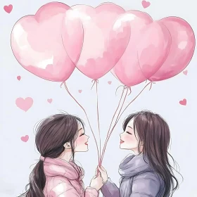 Heart Balloons Anime Style Illustration