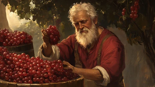 Man Harvesting Grapes in Rustic Setting