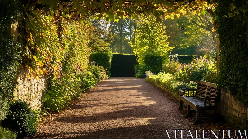 Sunlit Garden Pathway with Wooden Bench AI Image