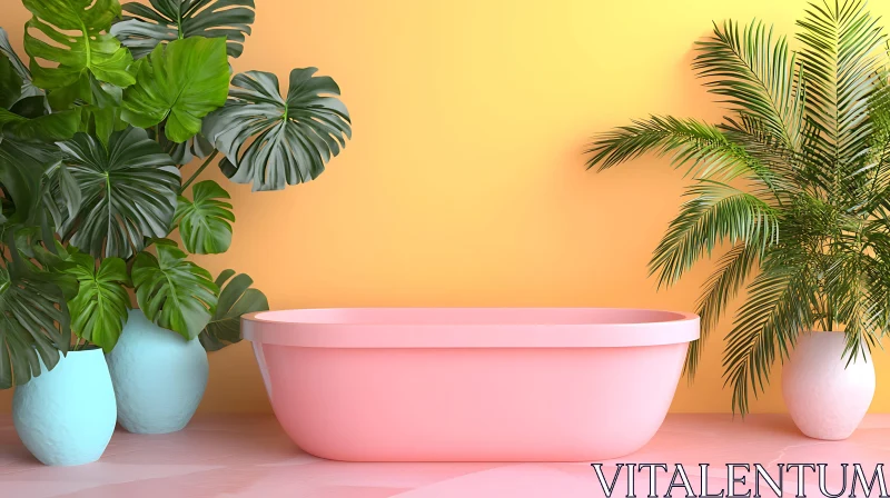 Modern Interior with Pink Bathtub and Plants AI Image