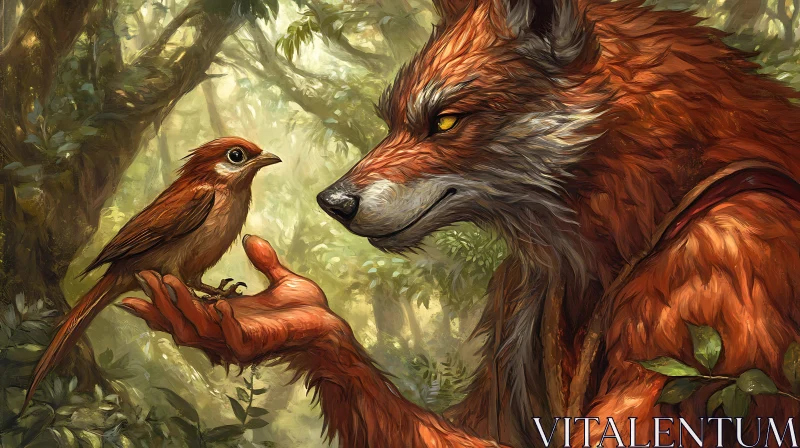 Fox Holding Bird in Forest Scene AI Image