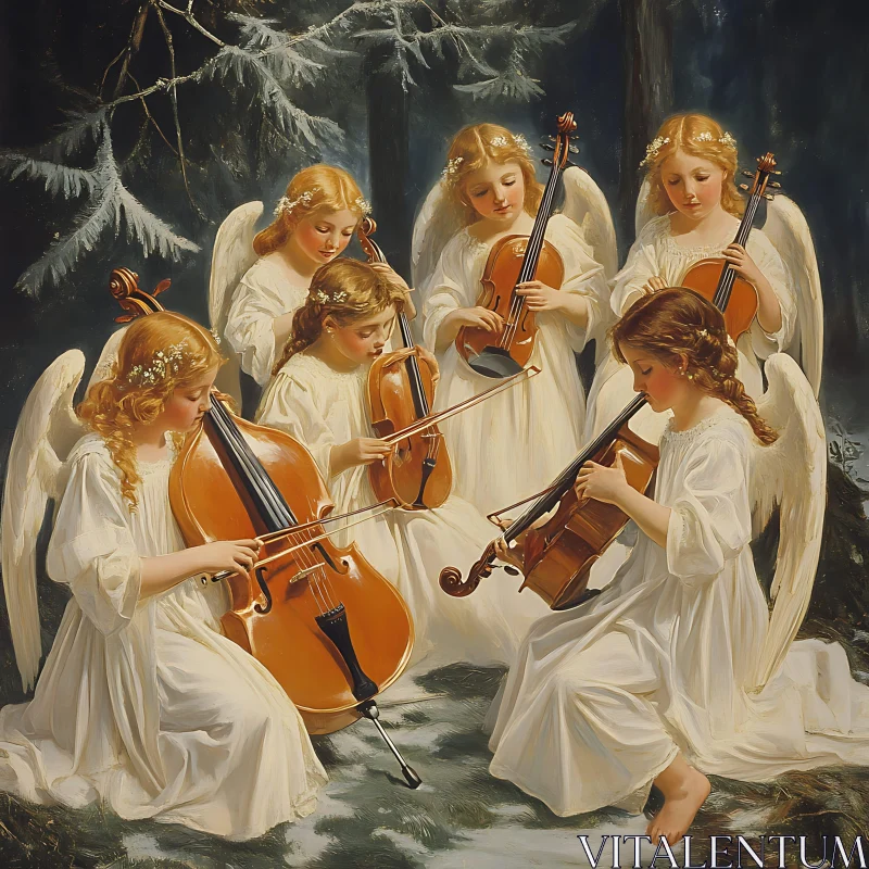 AI ART Angels Playing Music in Winter Forest