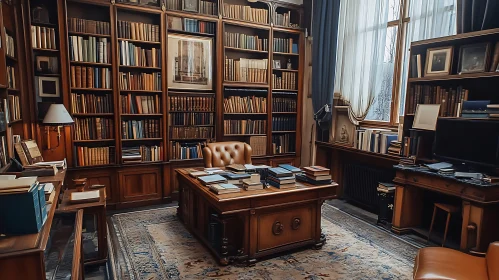 Classic Home Library with Rich Wood Details