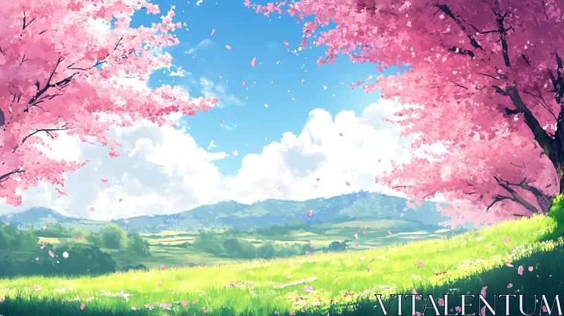 Blossoming Spring Meadow with Pink Petals AI Image