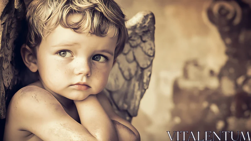 Innocent Angel Child in Sepia Tones AI Image