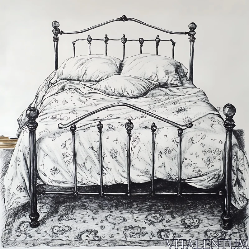 Monochrome Bed with Floral Bedding AI Image