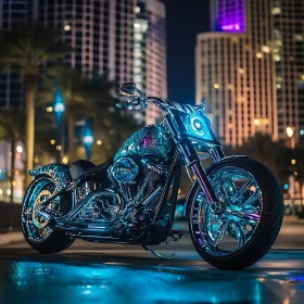 Night Ride: Chrome Motorcycle in Urban Setting