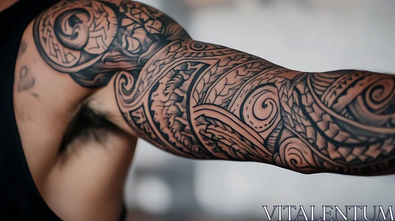 Detailed Black Ink Tribal Tattoo on Arm AI Image