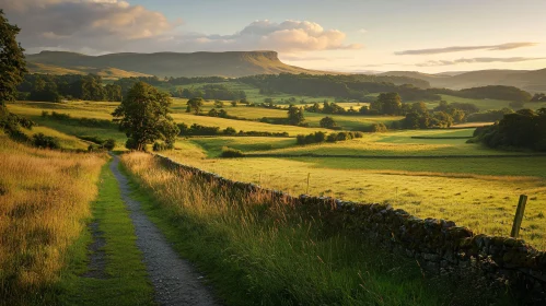 Scenic Green Fields and Stone Wall Path