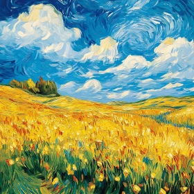 Impressionistic Field of Flowers Under Swirling Sky