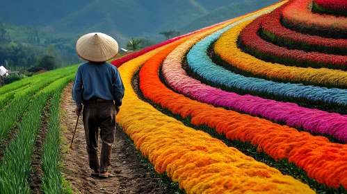 Colorful Flower Field with Walking Farmer