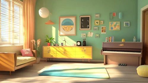 Sunlit Interior with Piano and Art