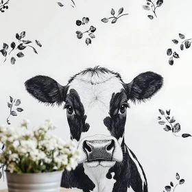 Monochrome Cow with Floral Design