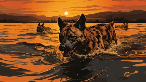 German Shepherd in Water at Sunset - Graphic Novel Style Illustration