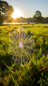 Morning Sun Illuminating Delicate Spiderweb in Rural Countryside