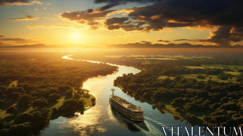 Romantic Sunset Cruise Ship on a Serene River - Delicately Rendered Landscape AI Image