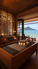 Serene Oceanic Vistas: Wooden Bed Frame with Pillows