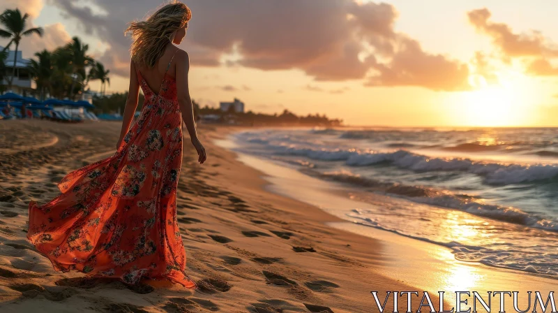 Serene Sunset Beach: Woman in Orange Dress Walking on the Shore AI Image