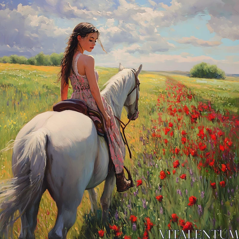 Girl on Horseback in Floral Meadow AI Image