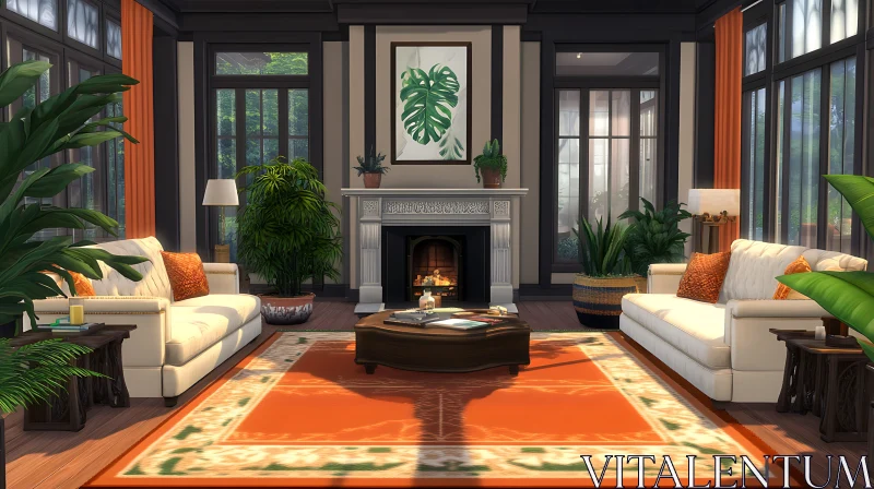 AI ART Cozy Living Room with Fireplace