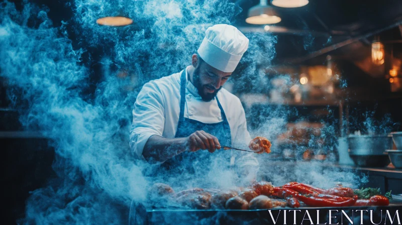 Chef Grilling in a Smoky Kitchen AI Image