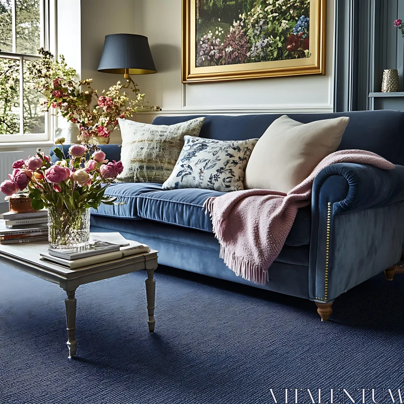 Living Room with Blue Sofa and Roses AI Image