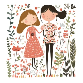 Whimsical Friends in a Garden of Hearts