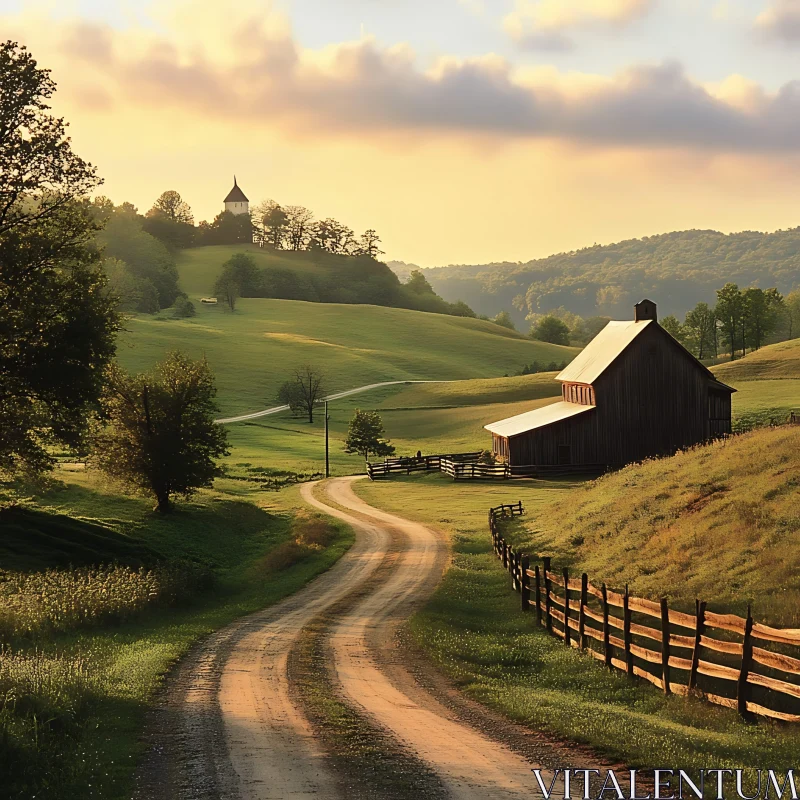 Rustic Barn Landscape with Winding Road AI Image