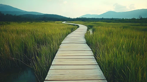 Wooden Path in Green Field with Mountains