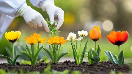 Spring Tulips Garden with Gloved Hands