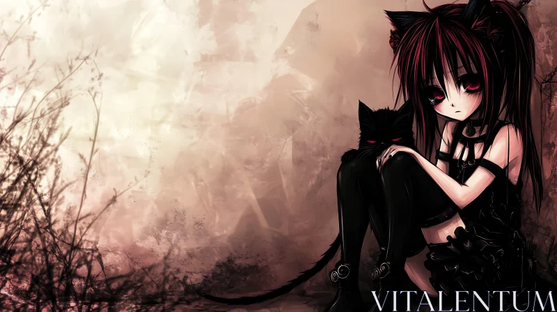 AI ART Anime Style Gothic Girl with Black Cat