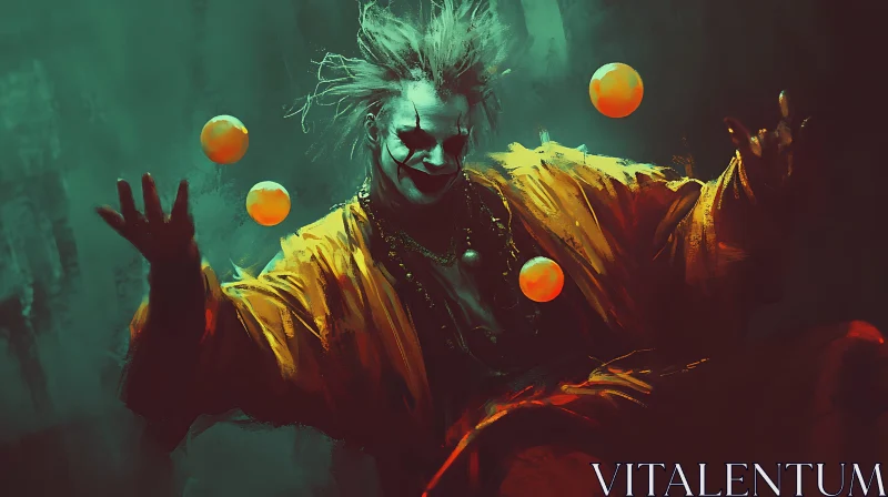 Eerie Clown Juggler with Glowing Balls AI Image