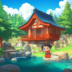 Cartoon Landscape with Anime Character