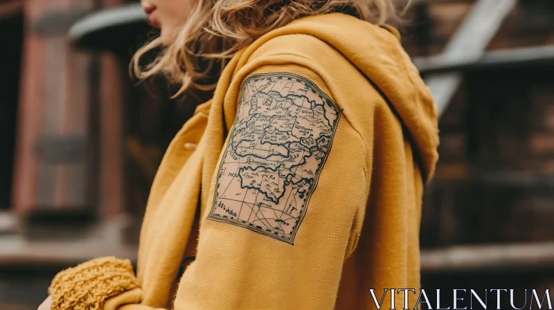 Vintage Map Tattoo on Yellow Jacketed Arm AI Image