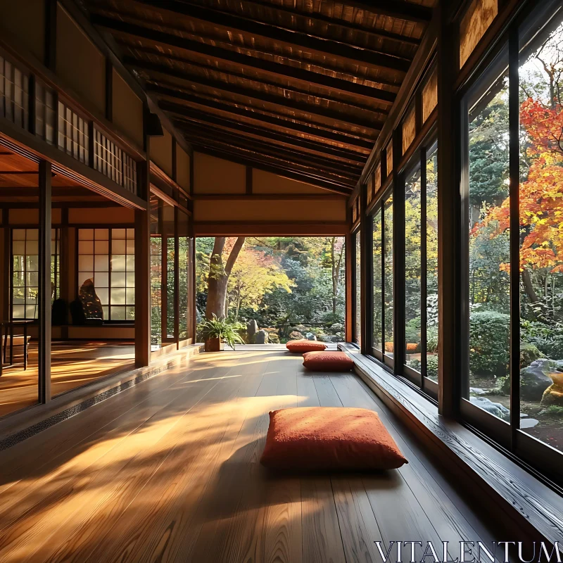 Tranquil Room Overlooking Fall Foliage AI Image