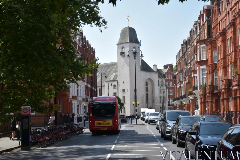 London Urban Scene with Church and Bus Free Stock Photo