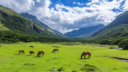 Horses in Green Field with Mountains