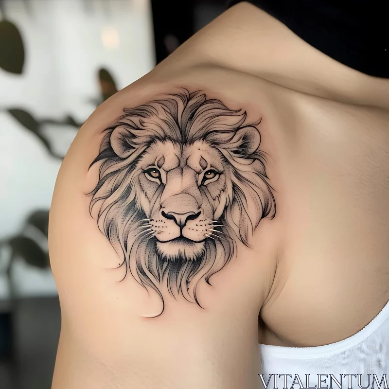 Majestic Lion Ink Art on Shoulder AI Image